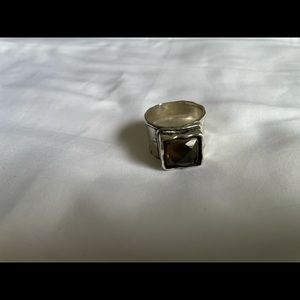 Smokey stone wide band silver ring